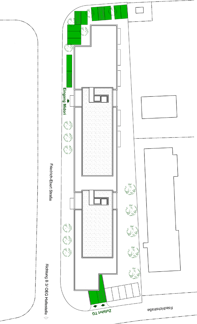 Site plan of the Midori with the parking spaces (marked green); click to enlarge